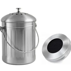 Luktfri Komposthink i Rostfritt Stål för Köket - Kompostbehållare för Köket - Inkluderar Ersättningskolfilter (Blankt Rostfritt Stål, 5 Liter).