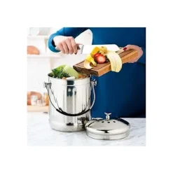 Luktfri Komposthink i Rostfritt Stål för Köket - Kompostbehållare för Köket - Inkluderar Ersättningskolfilter (Blankt Rostfritt Stål, 5 Liter).