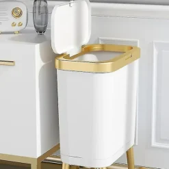 New Lyxig gyllene soptunna, stor kapacitet, för kök, badrum, hög fot, trycktyp, plast white gold