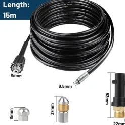 Online 15M Högtrycks Avloppsrengöringsslang 180bar Flexibel Avloppsrengöringsslang Högtrycksslang med Jetmunstycke och Roterande Munstycke, Adaptrar för K