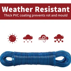 Hot 50m Klädlina Stark Stålkärna Tvättlina - Röt-, Mögel- & Väderbeständig - Blå