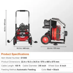 Online DUOKU Maskin för Avloppsrengöring - - D1000 - 100FT x 3/8 Tum - Automatisk Matning - 8 Skärare röd + svart