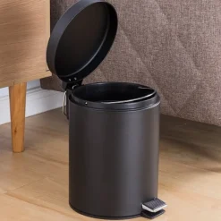 Matt Svart Rund Soptunna med Flipplock, Hushållens Långsamma Tysta Pedalrengöringshink med Lock