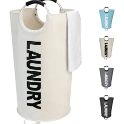 Discount Maxsilan 115L Stor Tvättkorg, Fristående Hög Klädkorg, Vikbar Tvättkorg, Beige