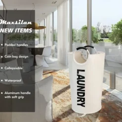 Discount Maxsilan 115L Stor Tvättkorg, Fristående Hög Klädkorg, Vikbar Tvättkorg, Beige