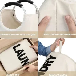 Discount Maxsilan 115L Stor Tvättkorg, Fristående Hög Klädkorg, Vikbar Tvättkorg, Beige