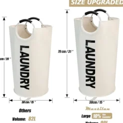 Discount Maxsilan 115L Stor Tvättkorg, Fristående Hög Klädkorg, Vikbar Tvättkorg, Beige