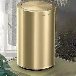 Hot Metallisk Guld Stål Papperskorg för Badrum med Svänglock, 9L Kompakt Papperskorg{FY}