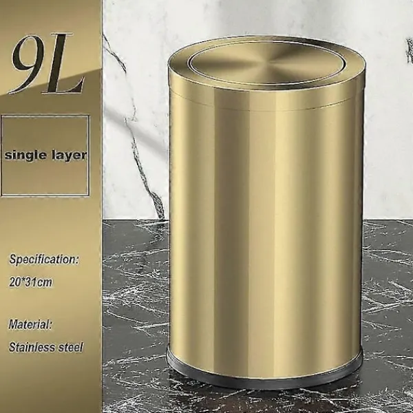 Hot Metallisk Guld Stål Papperskorg för Badrum med Svänglock, 9L Kompakt Papperskorg{FY}