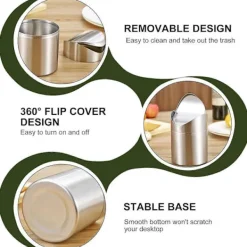 Hot Mini Bänkskiva Papperskorg med Flipplock, Rostfritt Stål, Bordsavfallsbehållare för Kök, Sovrum, Skrivbord, Sminkbord, Papperskorg 12 x 16 cm