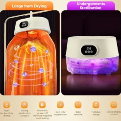 Online Mini Elektrisk Klädtork med UV-Sterilisering 4 Lägen 600W Snabb Torkning Lågt Ljud 19dB Hängande Portabel Klädtork för Resor Hem Camping