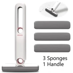 Outlet Mini Mopp, Portabel Självutvridande Svampmopp, Handsfree Rengöring Mini Mopp för Badrum, Kök (3 Bomullssvampar och 1 Presshandtag) 1 Set[GKS] Vit