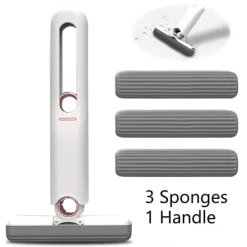 Outlet Mini Mopp, Portabel Själv-Vridande Svampmopp, Handsfree Rengöring Mini Mopp för Badrum, Kök (3 Bomullssvampar och 1 Presshandtag) 2-pack