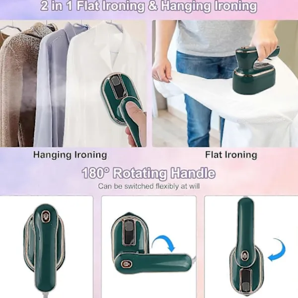 Outlet Mini Ångstrykjärn, 1090W Vikbart Handhållet Reseångstrykjärn, Keramisk Nonstick-Sula, 15s Snabb Uppvärmning Green