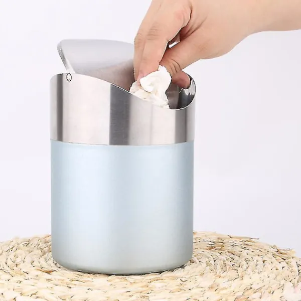 New Mini Skrivbordsbehållare med Lock. Borstad Rostfritt Stål Svingbehållare. Papperskorg Liten