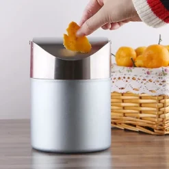 New Mini Skrivbordsbehållare med Lock. Borstad Rostfritt Stål Svingbehållare. Papperskorg Liten