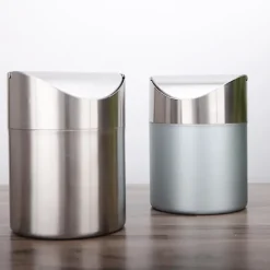 New Mini Skrivbordsbehållare med Lock. Borstad Rostfritt Stål Svingbehållare. Papperskorg Liten