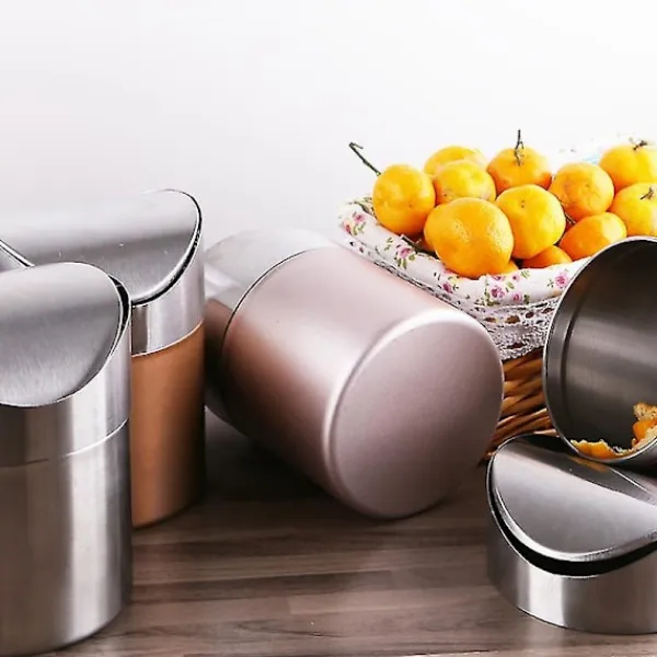 New Mini Skrivbordsbehållare med Lock. Borstad Rostfritt Stål Svingbehållare. Papperskorg Liten