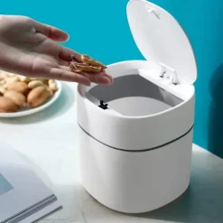 New Mini skrivbordspapperskorg med lock, hygienhink, solrosfröskal, bilpapperskorg (bomlock, vit)