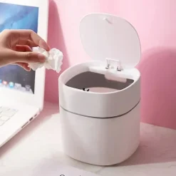 New Mini skrivbordspapperskorg med lock, hygienhink, solrosfröskal, bilpapperskorg (bomlock, vit)