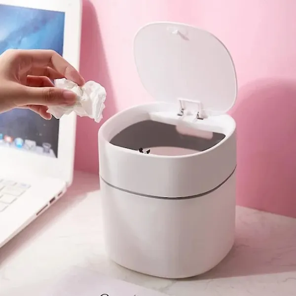 New Mini skrivbordspapperskorg med lock, hygienhink, solrosfröskal, bilpapperskorg (bomlock, vit)