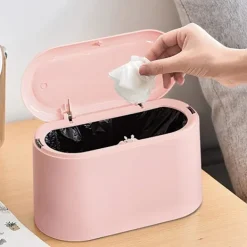 Online Mini Soptunna med Lock, Avtagbar Liten Soptunna, Liten Soptunna i Plast, Pop Up Bänkskiva Papperskorg, Bänkskiva Skräp Luddbehållare (Rosa)