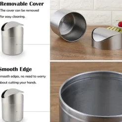 Mini Soptunna med Lock, Borstat Rostfritt Stål Liten Mini Soptunna, Mini Bänksoptunnor för Skrivbord Bil Kontor Kök, Svänglock