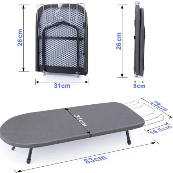 Discount VRIETINA Mini Strykbord, Fällbart Kompakt Strykbord, med Strykjärnsstöd och Hängkrok, 83 x 31 cm, Grå