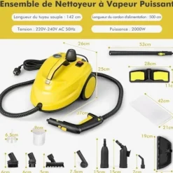Sale COSTWAY Mångsidig ångtvätt 2000W för vägglöss - 5 BAR - 15 tillbehör och manometrar - 1,8L tank - 160°C - 4 hjul - Gul