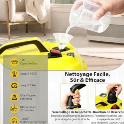 Sale COSTWAY Mångsidig ångtvätt 2000W för vägglöss - 5 BAR - 15 tillbehör och manometrar - 1,8L tank - 160°C - 4 hjul - Gul