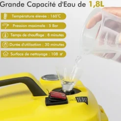 COSTWAY Multifunktionell Dammaskin 2000W för Vägglöss-5,0 BAR-15 Tillbehör och Manometrar-Reservoir 1,8L-Allhjul. Gul