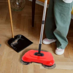 Online Multifunktionell 3-i-1 Hushållsrengöring Lat Handtryck Sopmaskin Sopskyffel Papperskorg 360 Roterande Golvrengöringsmopp (Röd)