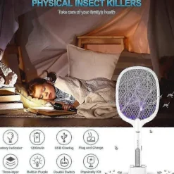 Online Myggsmälla, 2-i-1 3000V USB Uppladdningsbar Elektrisk Flugsmälla Med Laddningsbas Mot Myggor, Flugor, Insekter, Flugfångare
