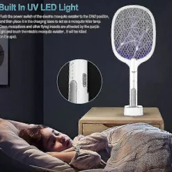 Online Myggsmälla, 2-i-1 3000V USB Uppladdningsbar Elektrisk Flugsmälla Med Laddningsbas Mot Myggor, Flugor, Insekter, Flugfångare