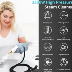 Clearance Ångrengörare, 2500W Högtemperatur Ångrengörare, Bärbar Ångrengöringsmaskin, 10S Snabb Uppvärmning, med 3 Borsthuvuden (Vit) White