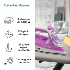 New BRAUN Ångstrykjärn - - FI3124PU Freestyle 3 - Effekt 2400 W - SuperCéramic Sula - Vattentank 270 ml - Självrengörande rosa och vitt Lila