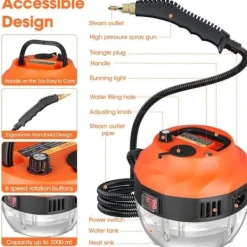 Sale Generic Portabel ångrengörare, Brillsten, 2500 W, 1350 ml, 3 borsthuvuden, högt tryck Orange