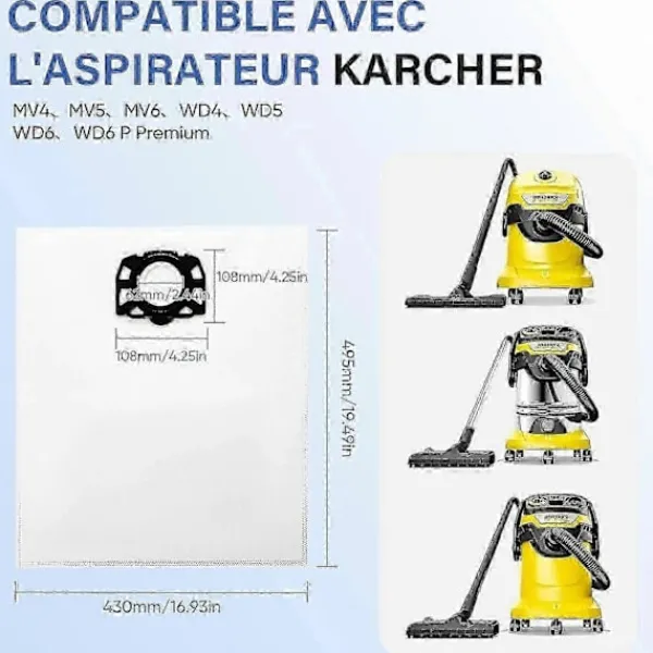 Clearance 12-pack KFI 487 filterpåsar för Kärcher WD4, WD5, WD6 dammsugare