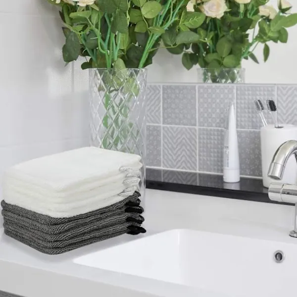 Hot 10-pack mikrofiber tvättlappar (grå och ljusvit) Storlek 15 x 21 cm, badhandskar i frotté