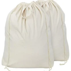 Outlet 2-pack naturliga bomullslinne tvättpåsar med bärhandtag och dragskostängning, maskintvättbara för tvättkorg eller korgar