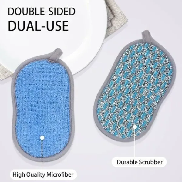 Best 6-pack tvättbara och återanvändbara disktrasor, mikrofiber skrubbsvampar, disk- och kökssvampar dubbelsidig repborste, blå