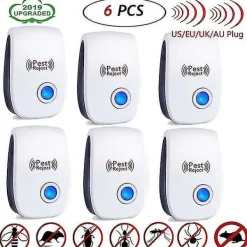 Hot 6-pack ultraljudsskadedjursbekämpning elektronisk avvisare myggmössråtta avvisa insekter kackerlacka myra spindel loppdödare (US/UK/EU/AU-kontakt)