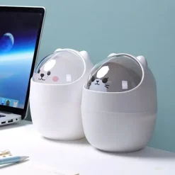 Papperskorg för skrivbord, soptunna, söt kreativ papperskorg med lock, soptunna för sovrum, badrum, bil inomhus, 4L, grå