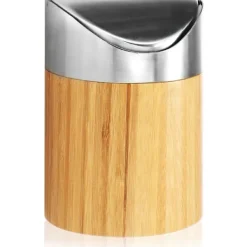 New Papperskorg med svänglock - Bambu Bordskorg med lock i rostfritt stål - Kompakt sminkväska för badrum (1 st - Ljusbrun - Bambu)