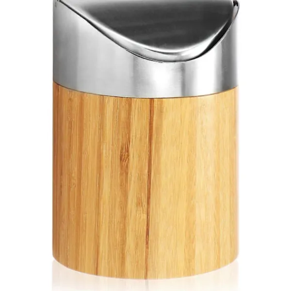 New Papperskorg med svänglock - Bambu Bordskorg med lock i rostfritt stål - Kompakt sminkväska för badrum (1 st - Ljusbrun - Bambu)
