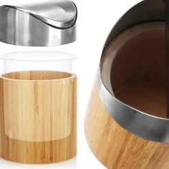 New Papperskorg med svänglock - Bambu Bordskorg med lock i rostfritt stål - Kompakt sminkväska för badrum (1 st - Ljusbrun - Bambu)