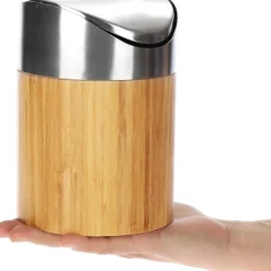 New Papperskorg med svänglock - Bambu Bordskorg med lock i rostfritt stål - Kompakt sminkväska för badrum (1 st - Ljusbrun - Bambu)
