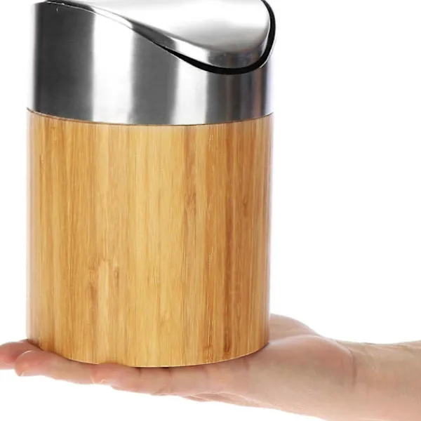 New Papperskorg med svänglock - Bambu Bordskorg med lock i rostfritt stål - Kompakt sminkväska för badrum (1 st - Ljusbrun - Bambu)