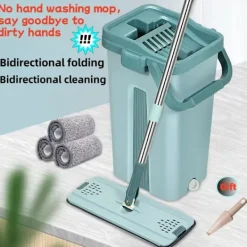 Sale Platt Kläm Mopp med Hink Handfri Vridning Golv rengöring Mopp