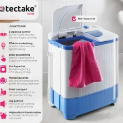 Best tectake Portabel tvättmaskin med centrifug, 4,5 kg tvätt Vit Blå, Vit